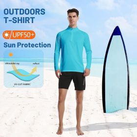 Mens Zip Pullover UPF 50+ Sun Protection Long Sleeve Hiking Fishing Outdoors Performance T-Shirt (Color: Blue, size: small)